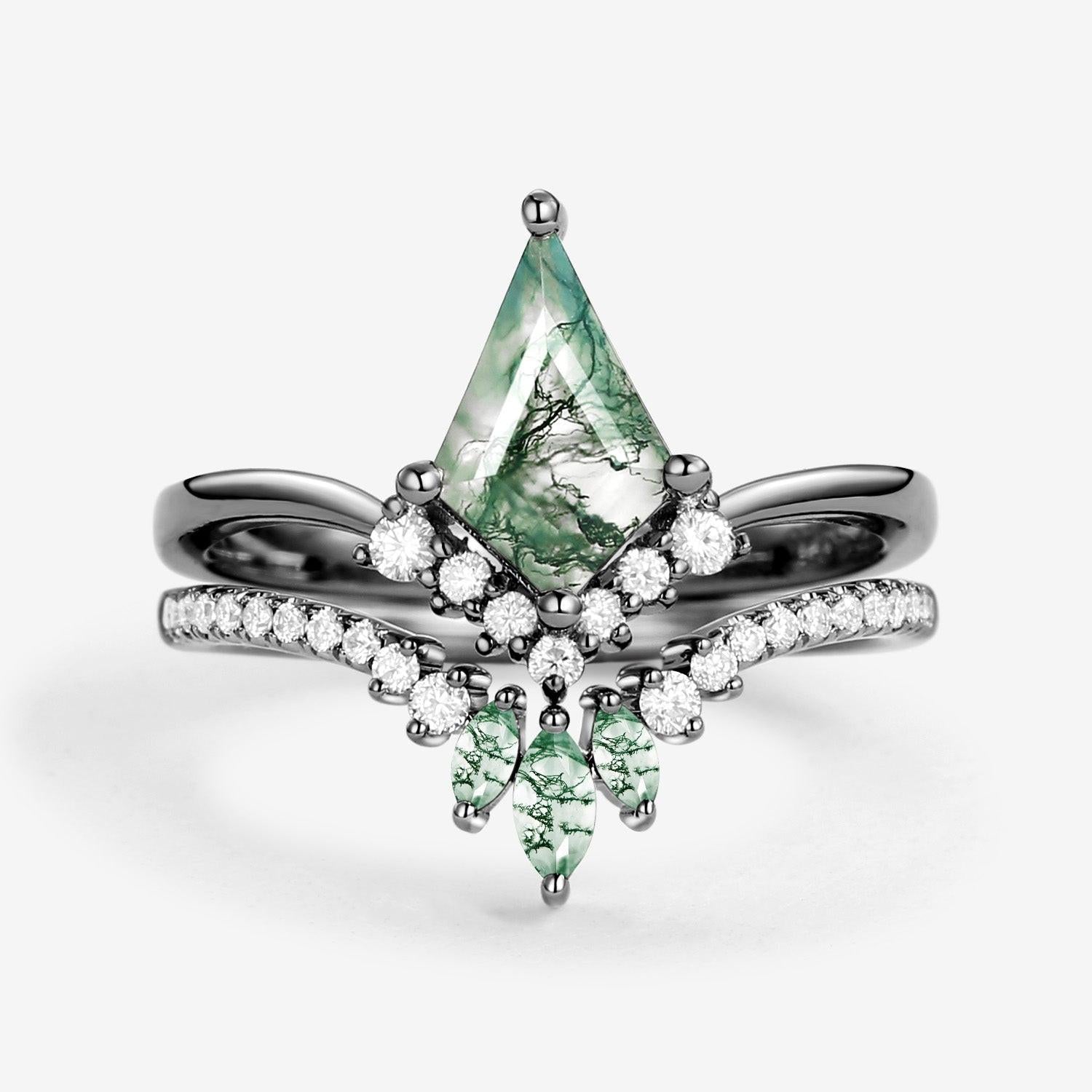 Aero Kite Cut Moss Agate Classic Engagement Bridal Set 2pcs.