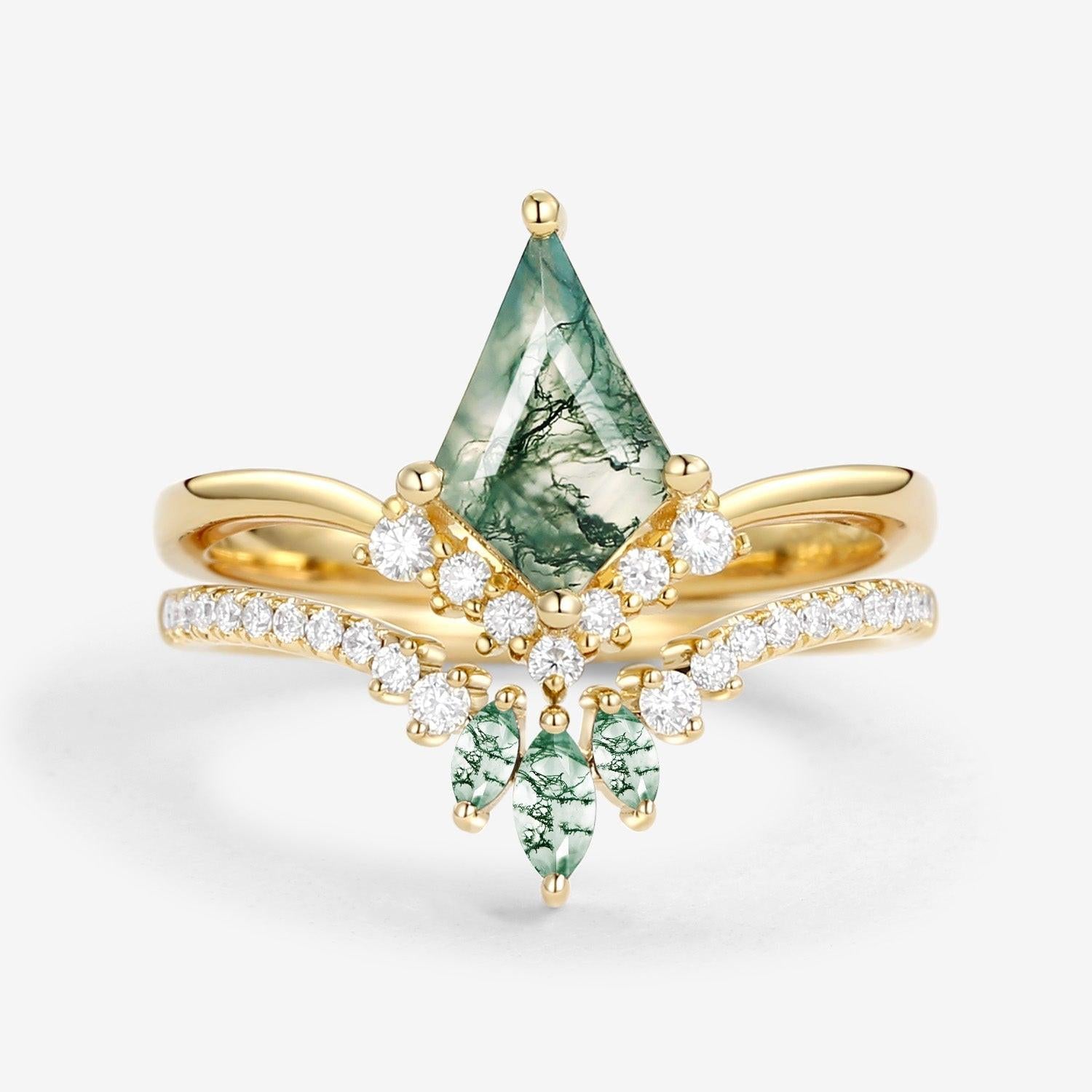 Aero Kite Cut Moss Agate Classic Engagement Bridal Set 2pcs.