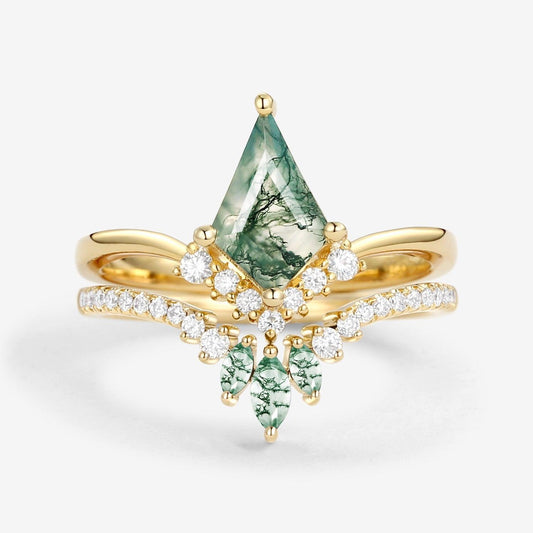Aero Kite Cut Moss Agate Classic Engagement Bridal Set 2pcs.