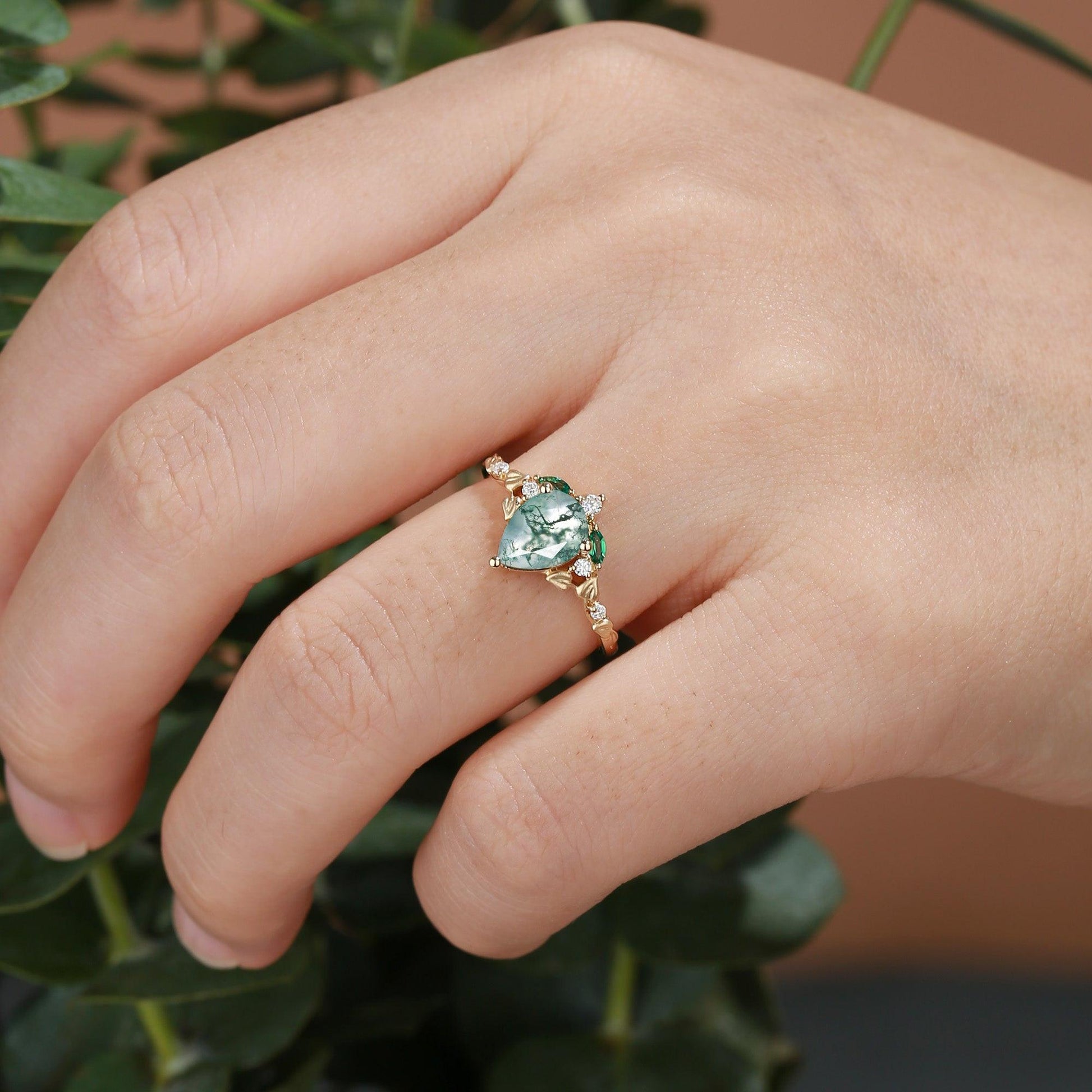 Hedera Heart Leaf Moss Agate Engagement Ring.