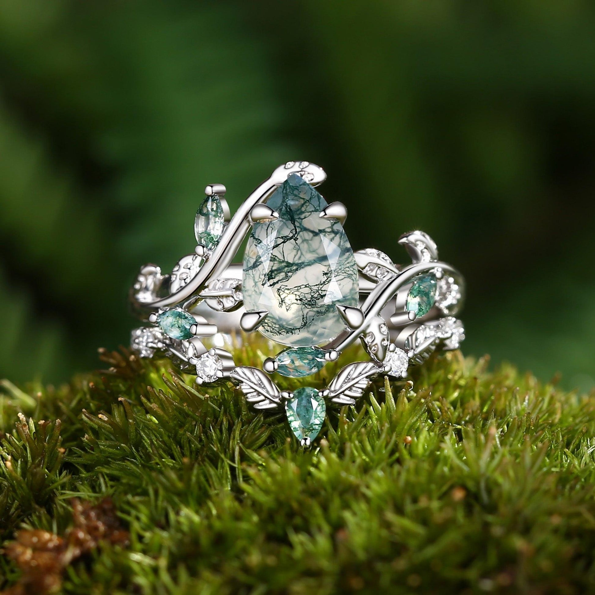 Daphne’s Vine | Pear Cut Moss Agate Bridal Set 2pcs.