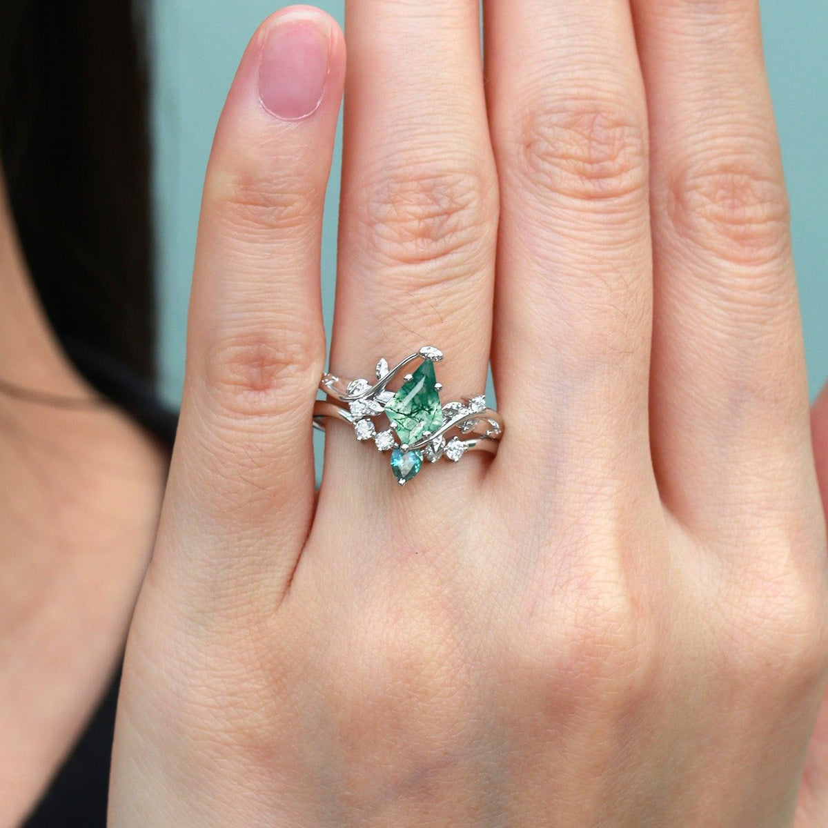 Sylvie’s Brook | Kite Cut Moss Agate & Teal Sapphire Leafy Bridal Set 2pcs.