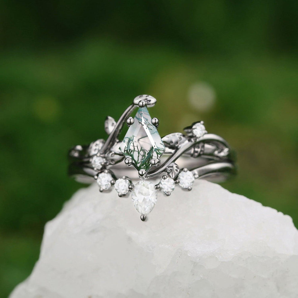 Kite Glade | Moss Agate Leafy Black Gold Bridal Set 2pcs.