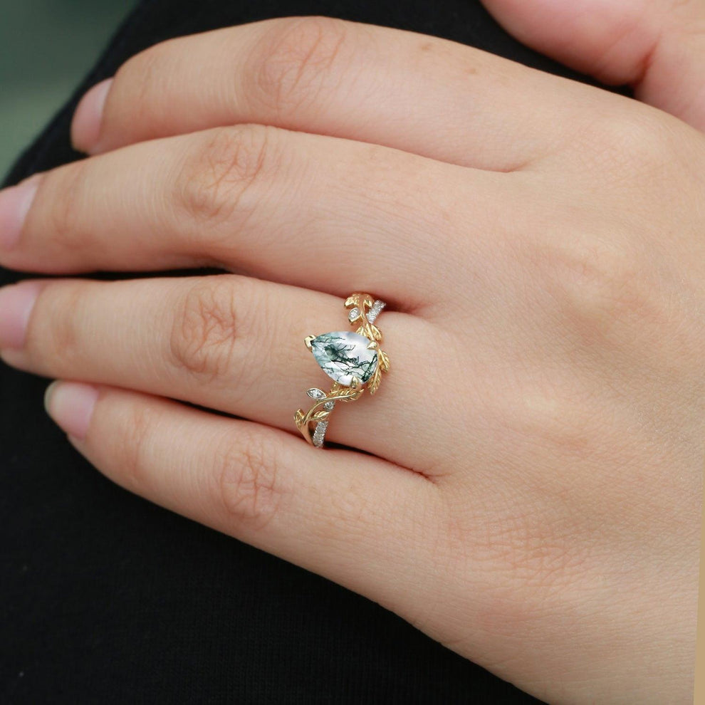 Eleanor’s Vine | Vintage Pear Moss Agate Leafy Engagement Ring.
