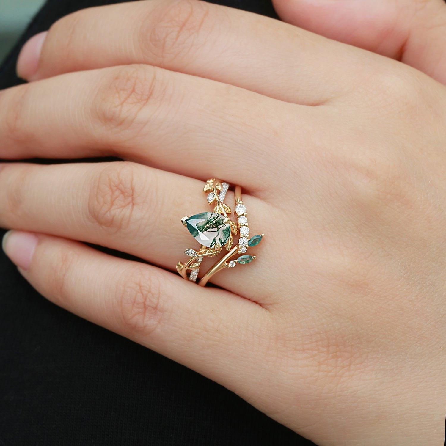 Leafy Pear Shaped Moss Agate Bridal Ring Set 2pcs.