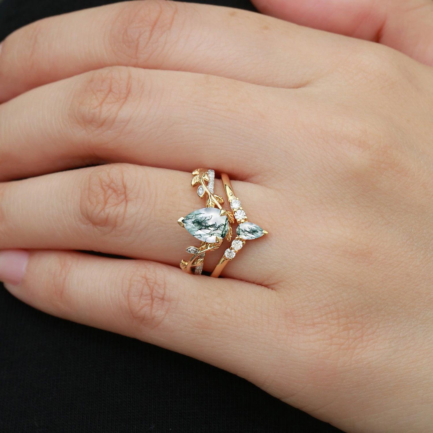 Pear Shaped Moss Agate & Moissanite Leafy Bridal Ring Set 2pcs.