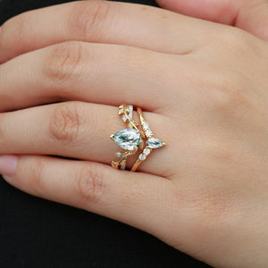 Pear Shaped Moss Agate & Moissanite Leafy Bridal Ring Set 2pcs.
