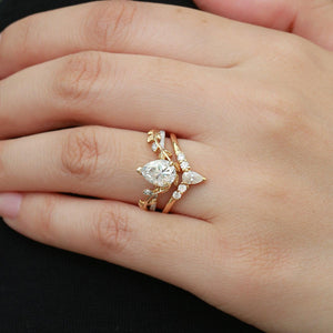 Pear Shaped Moss Agate & Moissanite Leafy Bridal Ring Set 2pcs.