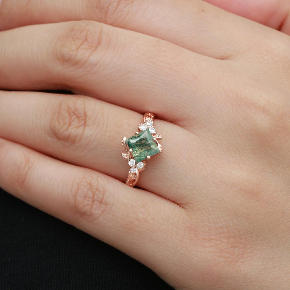 Black Gold Green Leafy Princess Cut Moss Agate Engagement Ring.