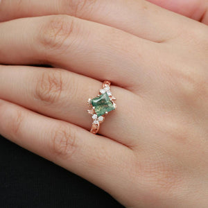 Black Gold Green Leafy Princess Cut Moss Agate Engagement Ring.