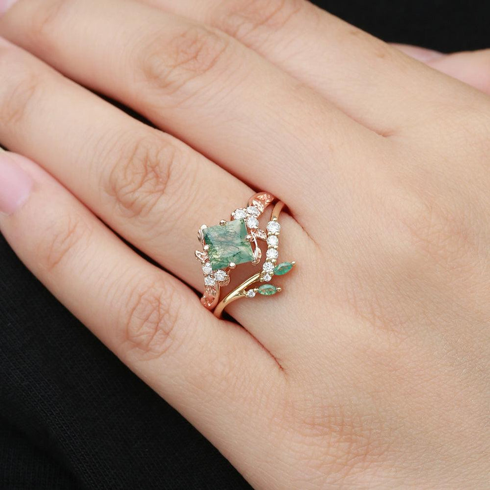 Nature Inspired Green Leafy Princess Cut Moss Agate Engagement Ring Set 2PCS.