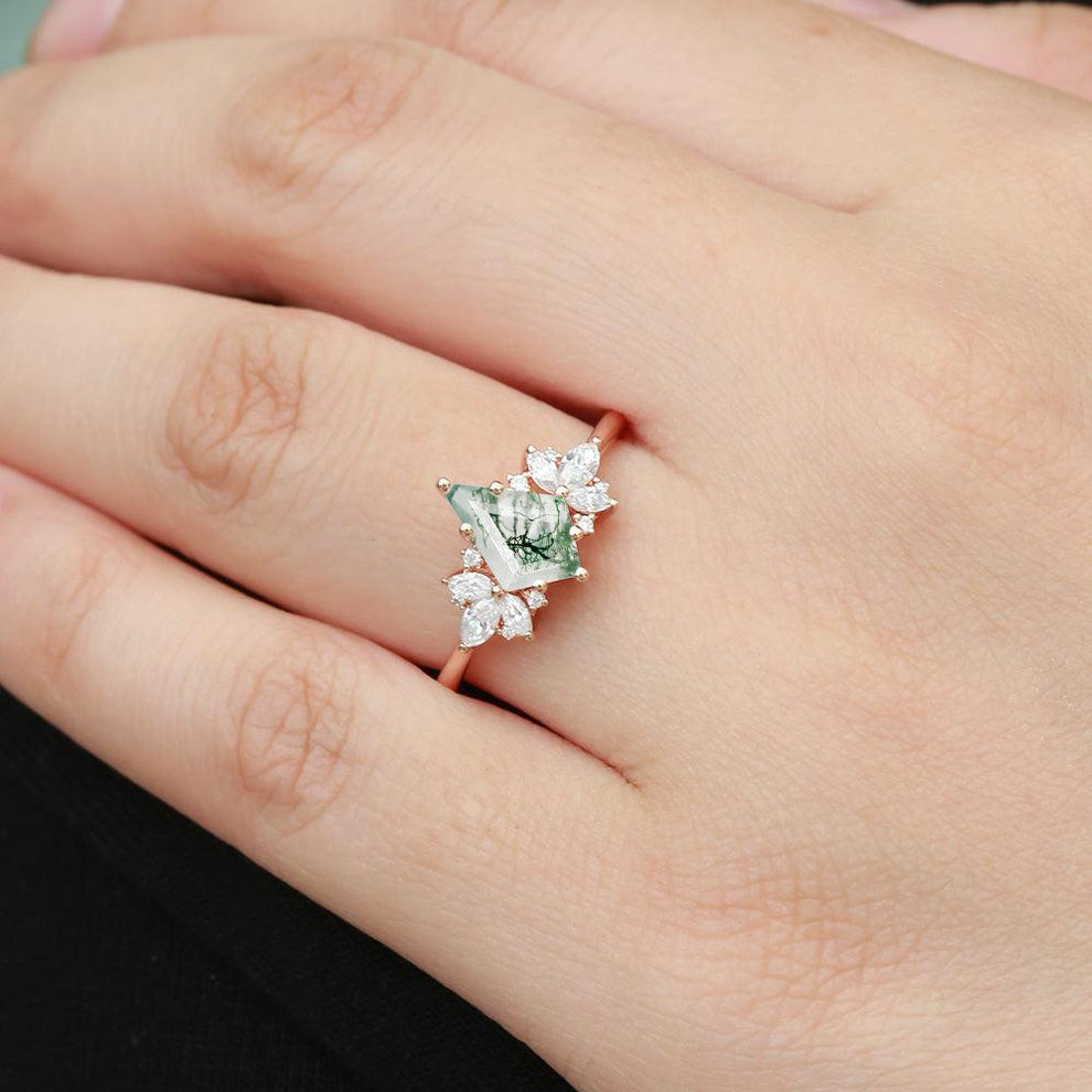 Morpho Unique Rose Gold Moss Agate Kite Cut Engagement Ring.