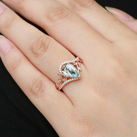 Vintage Pear Cut Moss Agate & Moissanite Leafy Engagement Ring.