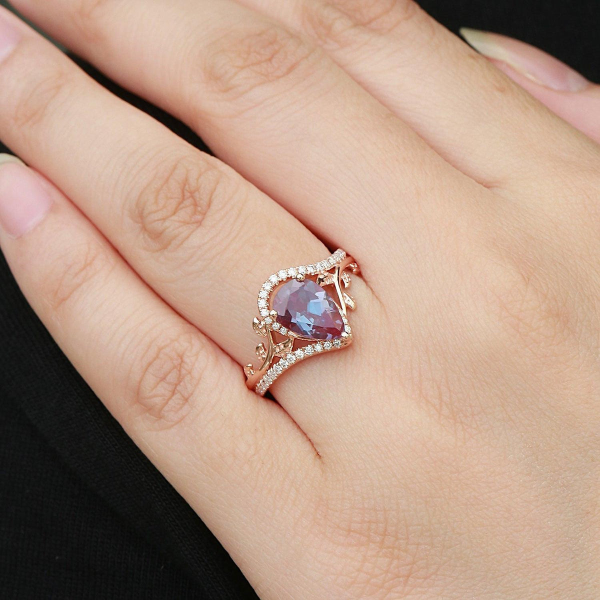 Vintage Pear Cut Moss Agate & Moissanite Leafy Engagement Ring.