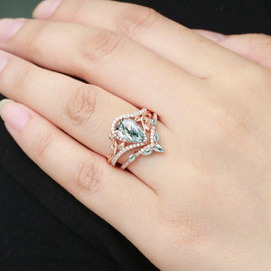 Dalia Vintage Pear Cut Moss Agate & Moissanite Leafy Ring Set 2pcs.