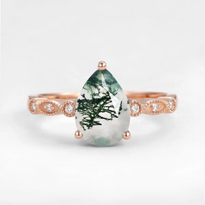 Unique Inspired Pear Shaped Moss Agate Engagement Ring.