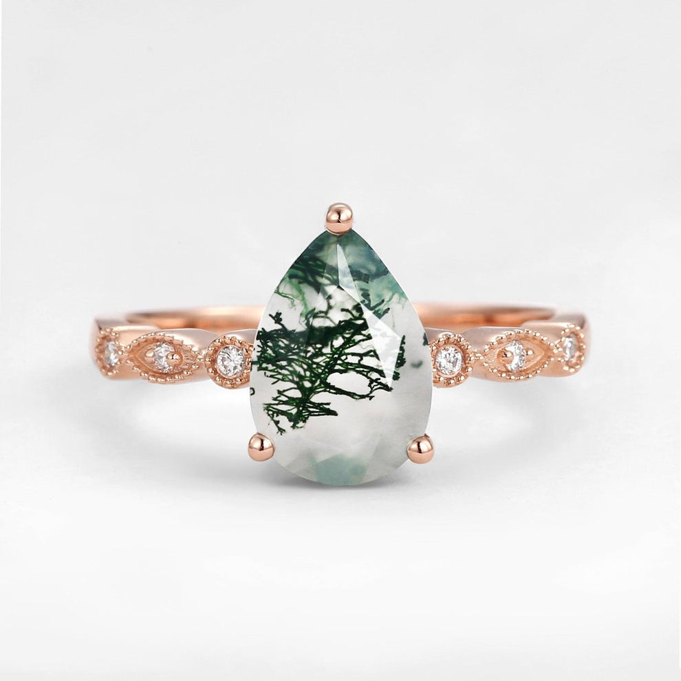 Unique Inspired Pear Shaped Moss Agate Engagement Ring.