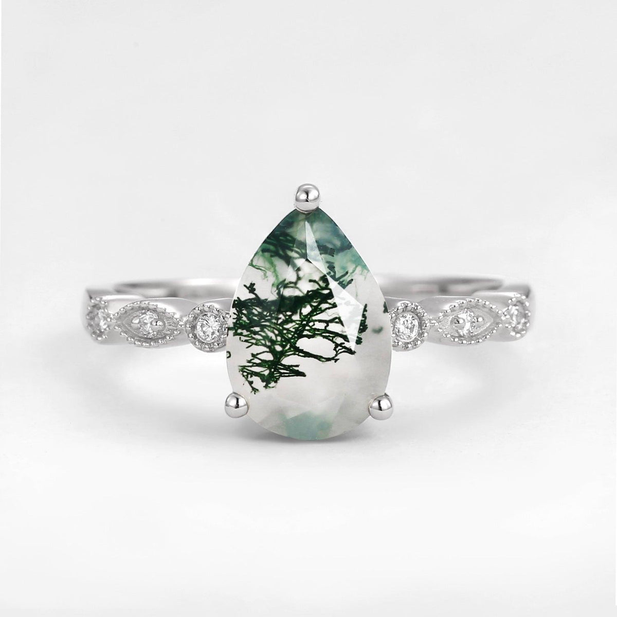 Unique Inspired Pear Shaped Moss Agate Engagement Ring.