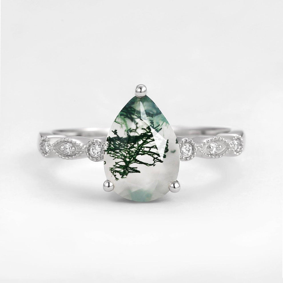 Unique Inspired Pear Shaped Moss Agate Engagement Ring.