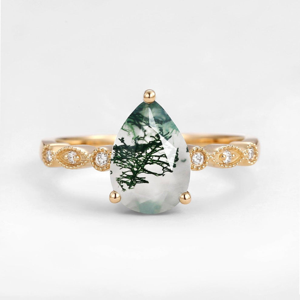 Unique Inspired Pear Shaped Moss Agate Engagement Ring.
