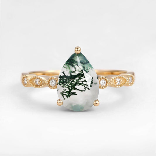 Unique Inspired Pear Shaped Moss Agate Engagement Ring.