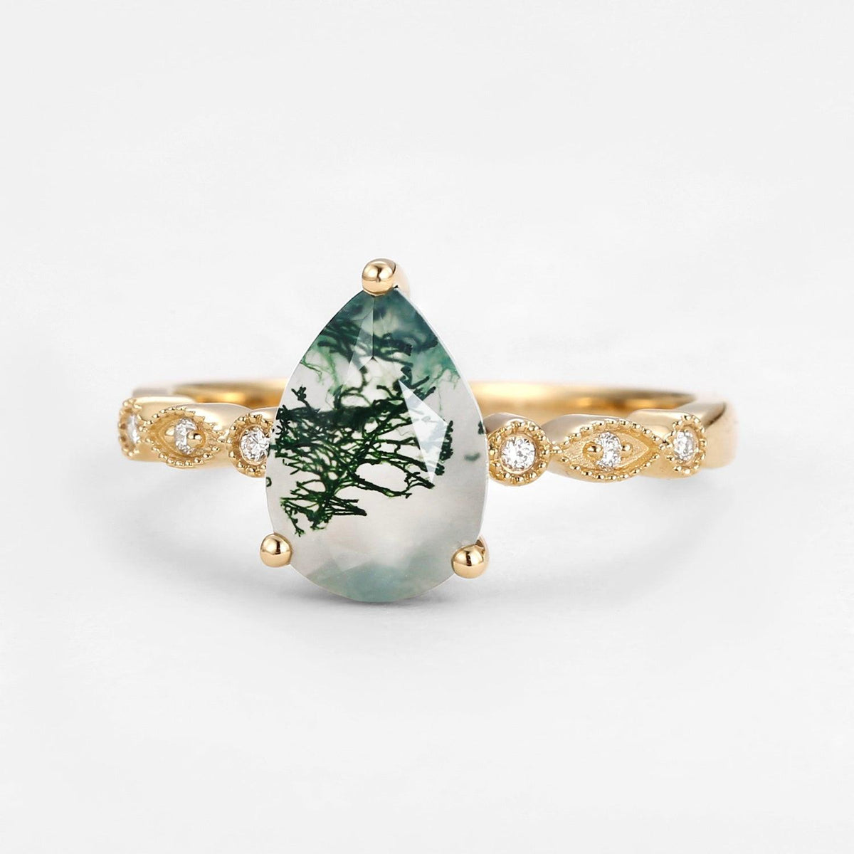 Unique Inspired Pear Shaped Moss Agate Engagement Ring.