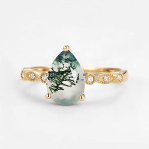 Unique Inspired Pear Shaped Moss Agate Engagement Ring.