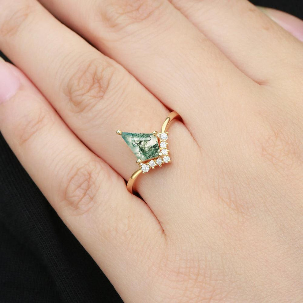 Nimbus Unique Moss Agate Kite Cut Classic Engagement Ring.
