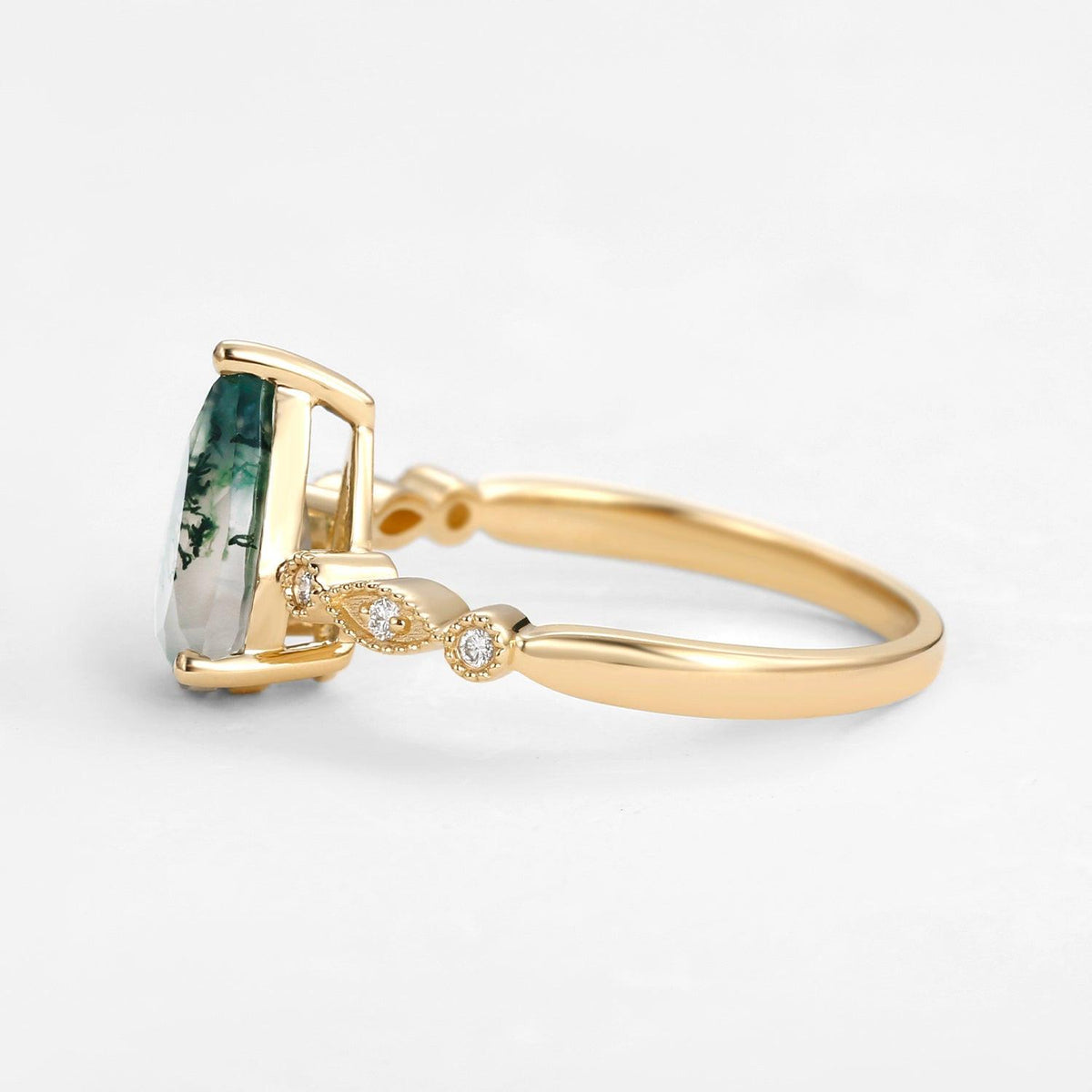 Unique Inspired Pear Shaped Moss Agate Engagement Ring.