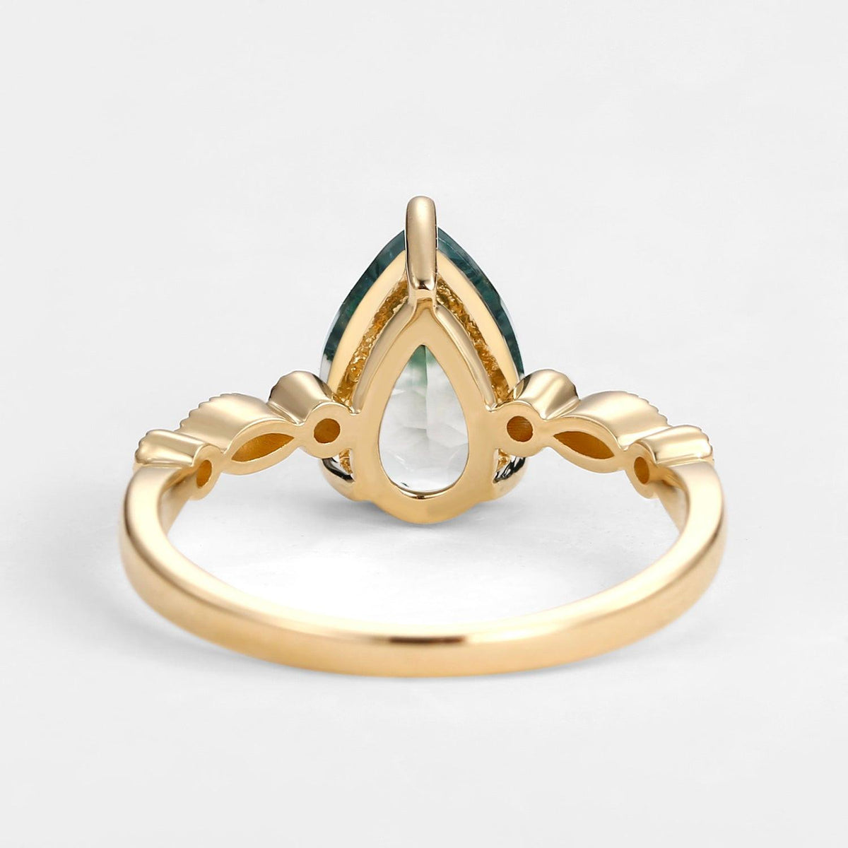 Unique Inspired Pear Shaped Moss Agate Engagement Ring.