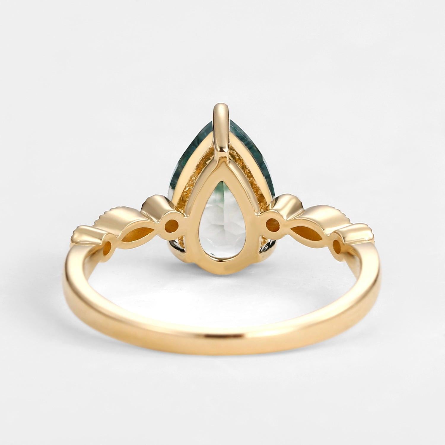 Unique Inspired Pear Shaped Moss Agate Engagement Ring.