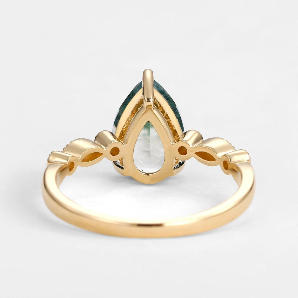 Unique Inspired Pear Shaped Moss Agate Engagement Ring.