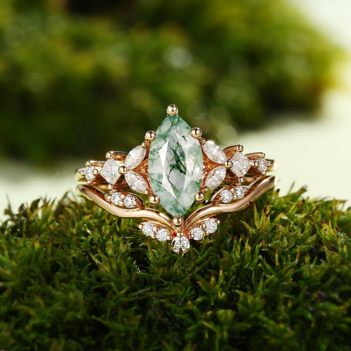 Sylvie’s Vine | Marquise Cut Moss Agate Leafy Bridal Set 2pcs.