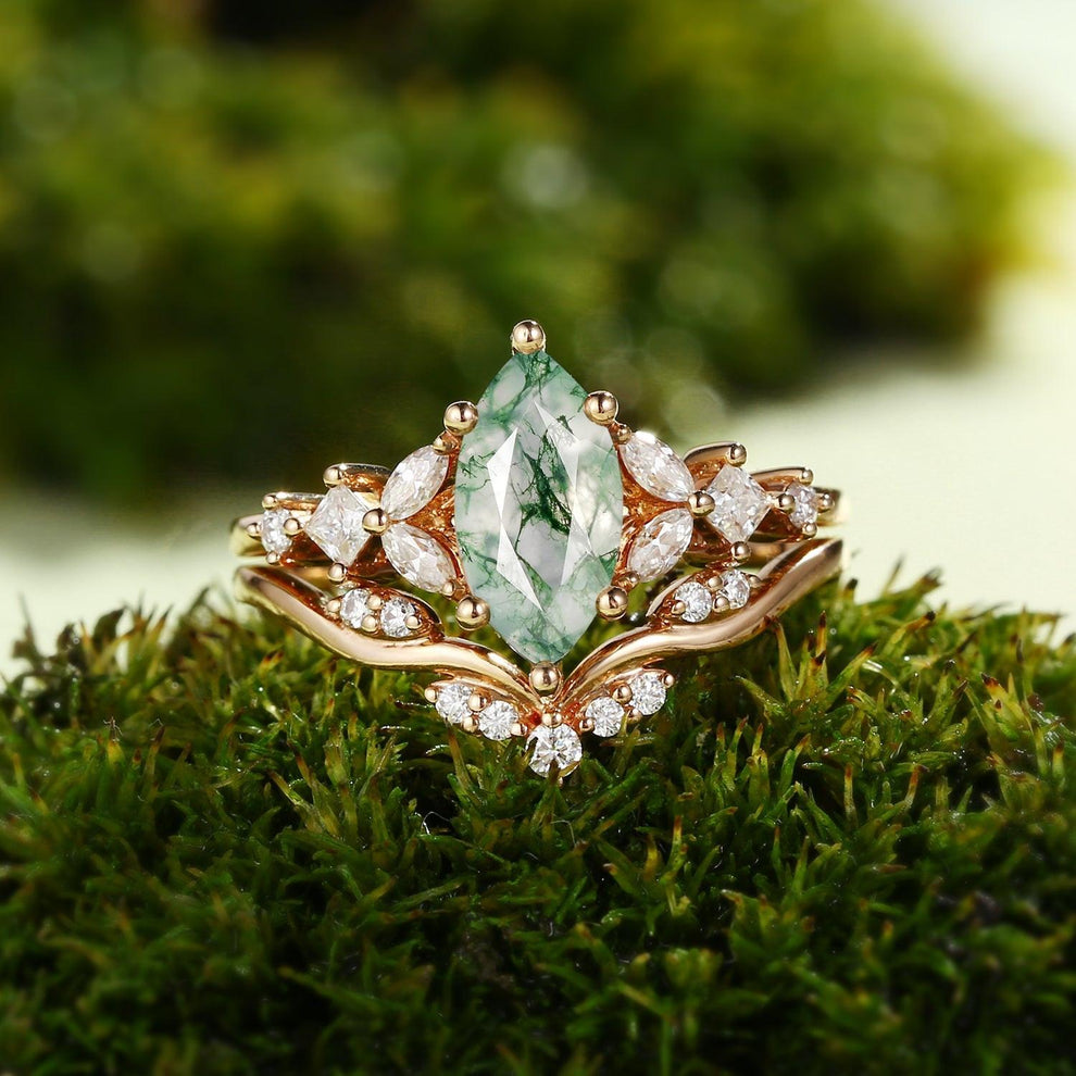 Sylvie’s Vine | Marquise Cut Moss Agate Leafy Bridal Set 2pcs.