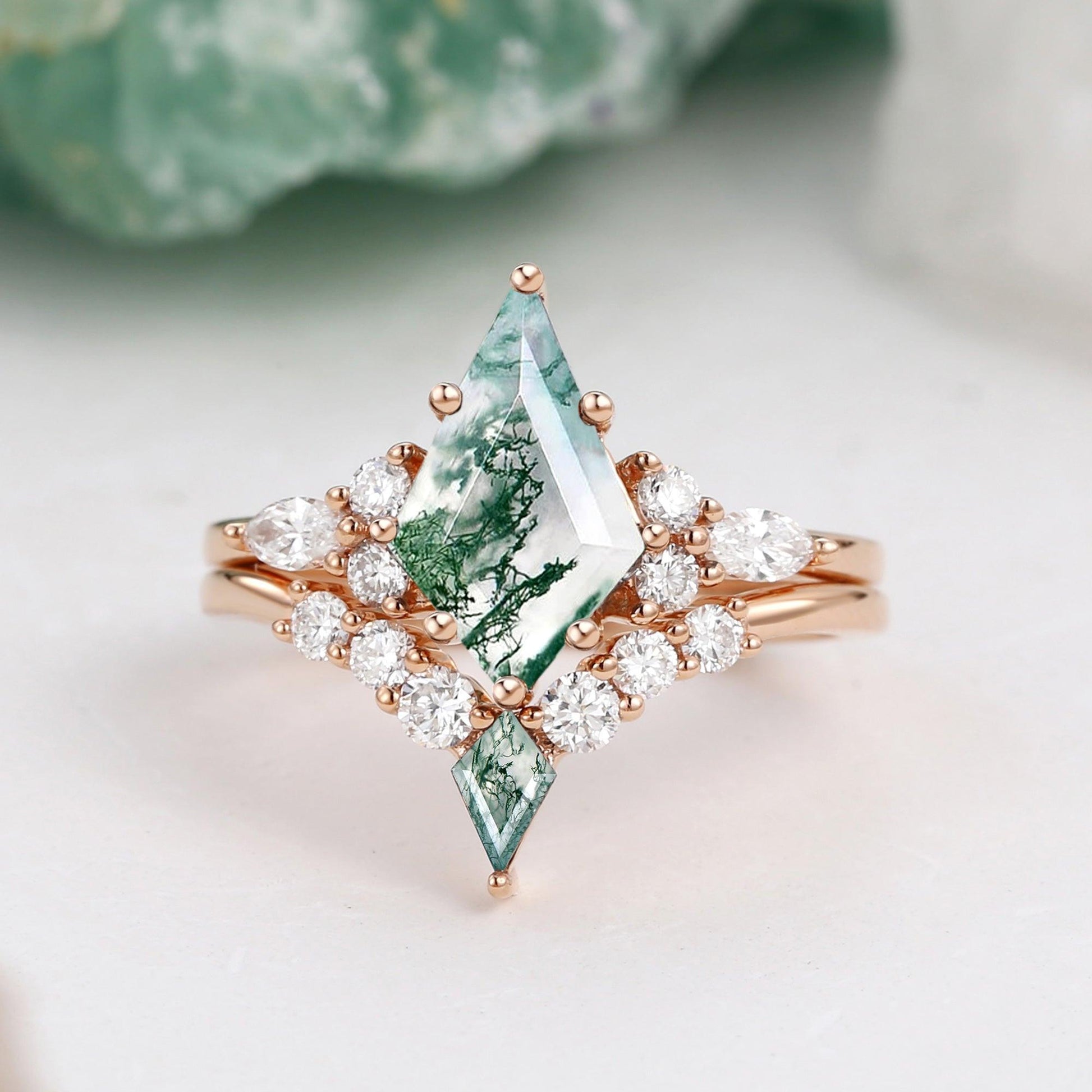 Zoey Twin Flames - Kite Cut Unique Moss Agate Engagement Ring Sets 2pcs.