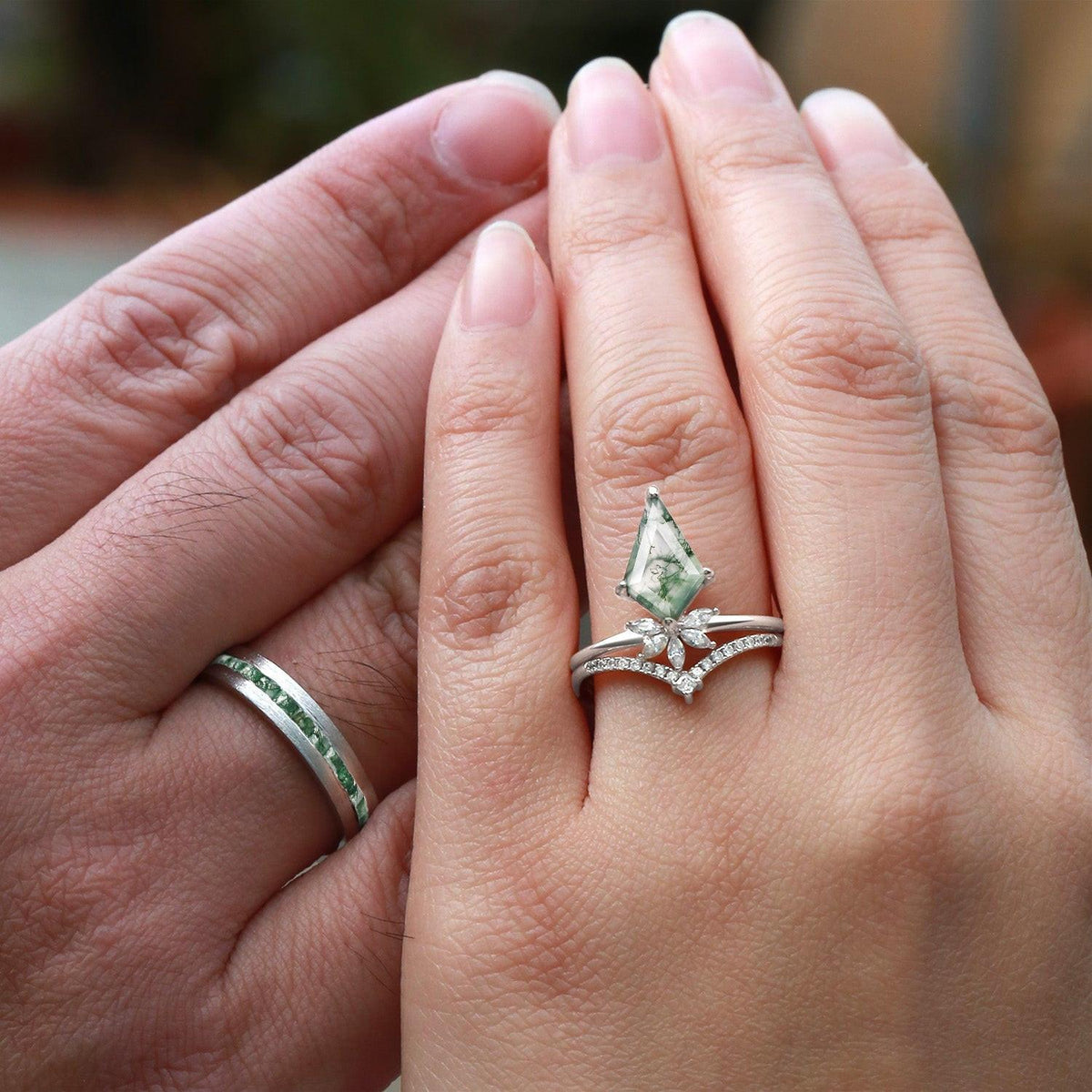 Flora’s Grove | Kite Cut Moss Agate Couple Ring Set 3pcs.