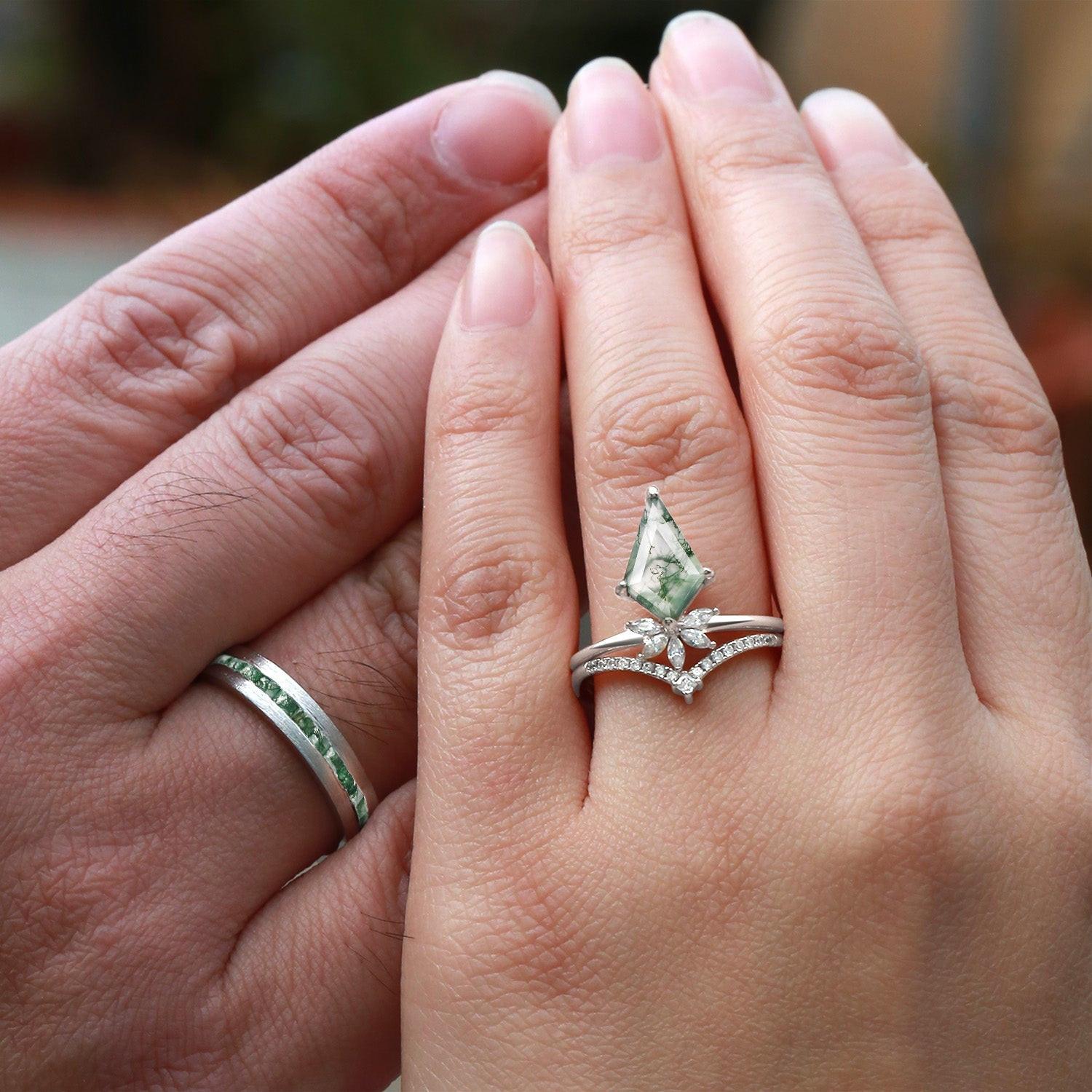 Flora’s Grove | Kite Cut Moss Agate Couple Ring Set 3pcs.