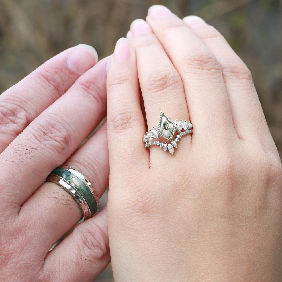 Sylvie’s Cluster | Kite Cut Moss Agate Engagement Couple Ring Set 3pcs.