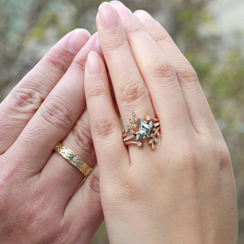 Fourfold Bond | Kite Cut Moss Agate & Black Moissanite Couple Ring Set 4pcs.