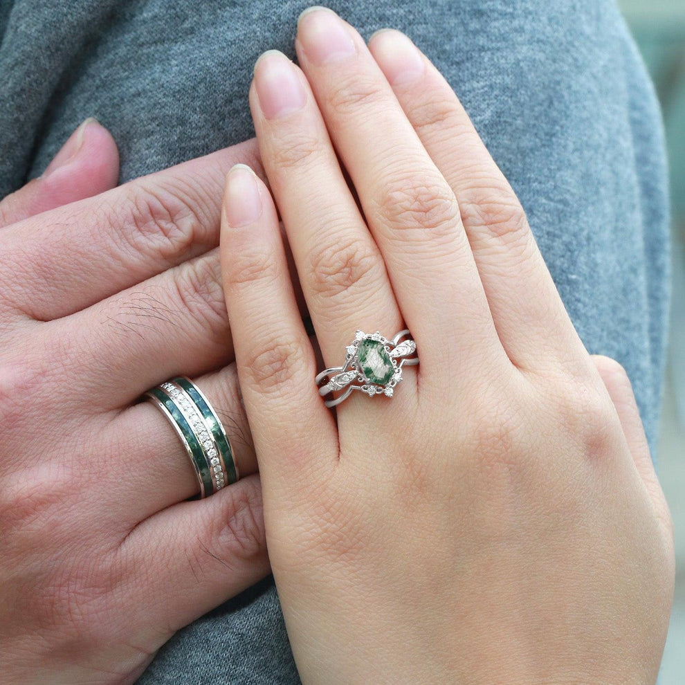 Isolde’s Enclave  | Vintage Long Hexagon Moss Agate & Moissanite Couple Ring Set 3pcs.