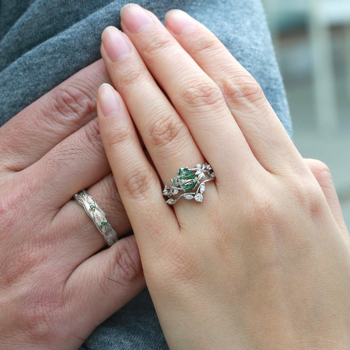 Sylvie’s Trefoil | Pear Moss Agate Three Leaves Couple Ring Set 3pcs.
