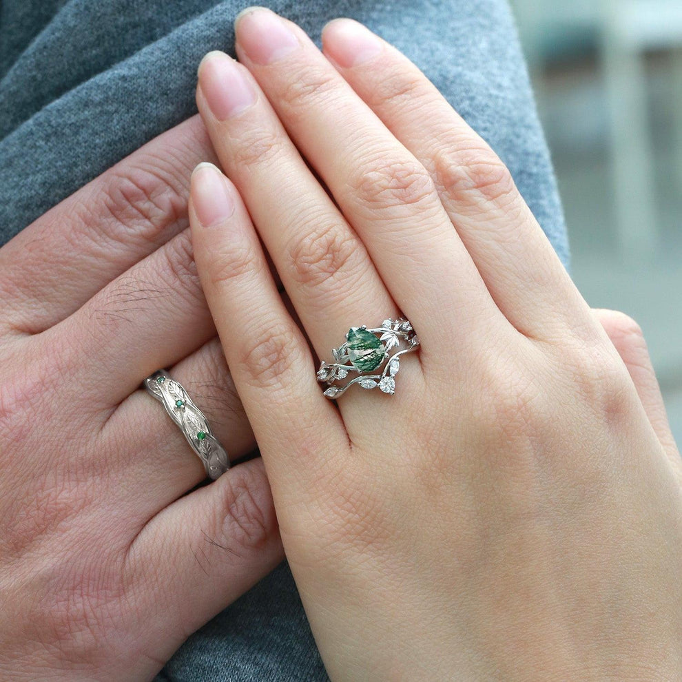 Sylvie’s Trefoil | Pear Moss Agate Three Leaves Couple Ring Set 3pcs.