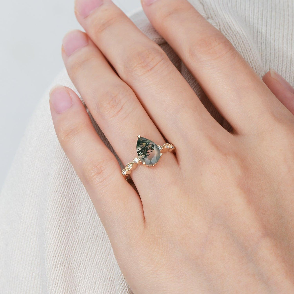 Unique Inspired Pear Shaped Moss Agate Engagement Ring.