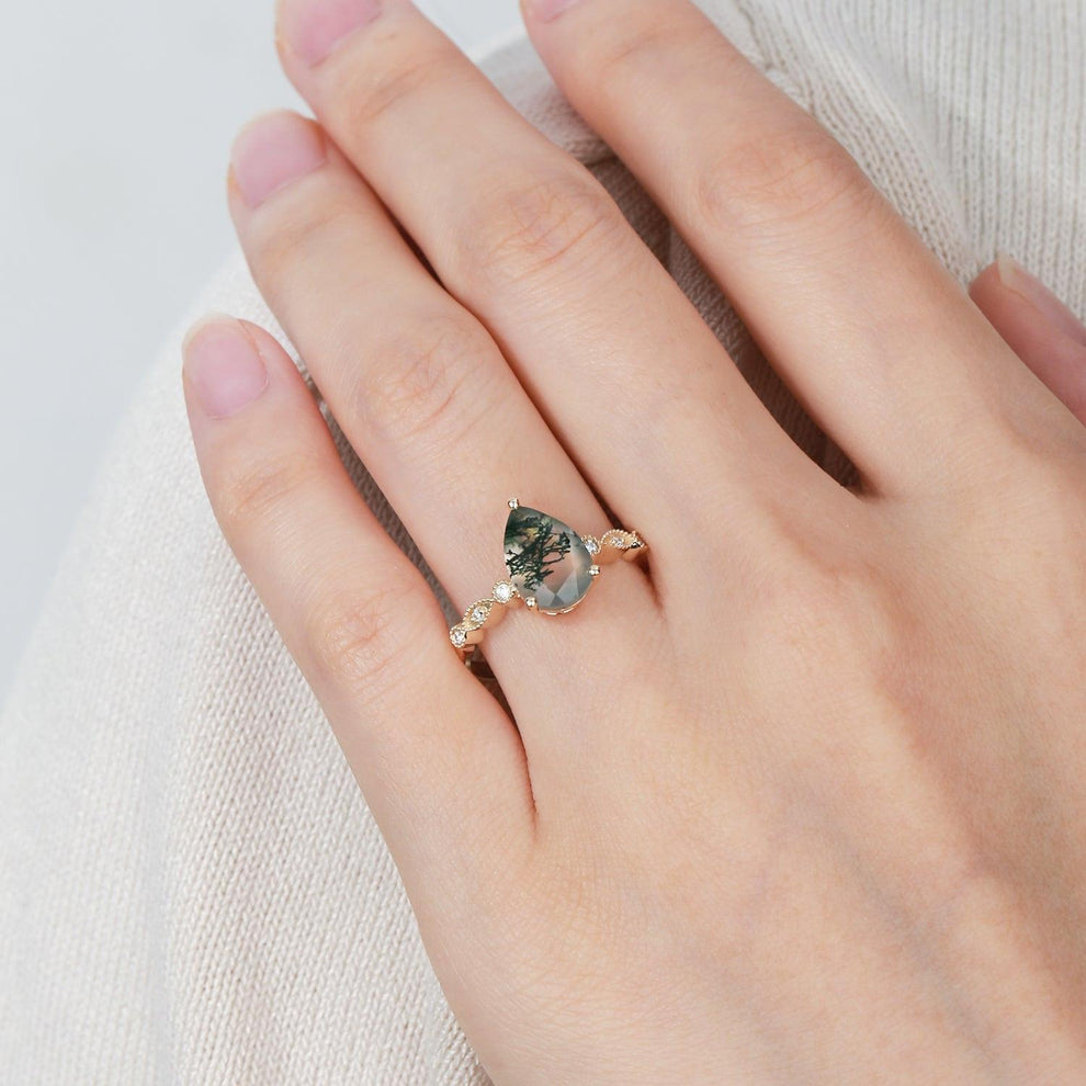 Unique Inspired Pear Shaped Moss Agate Engagement Ring.