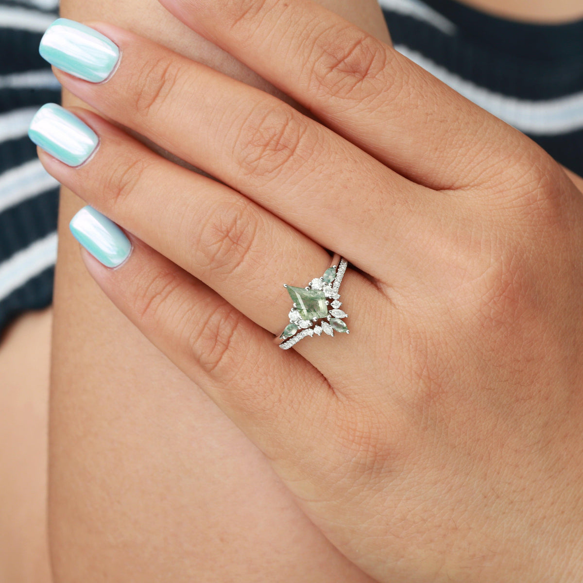 Cecilia’s Trine | Kite Cut Green Moss Agate Three Stone Bridal Set 2pcs.