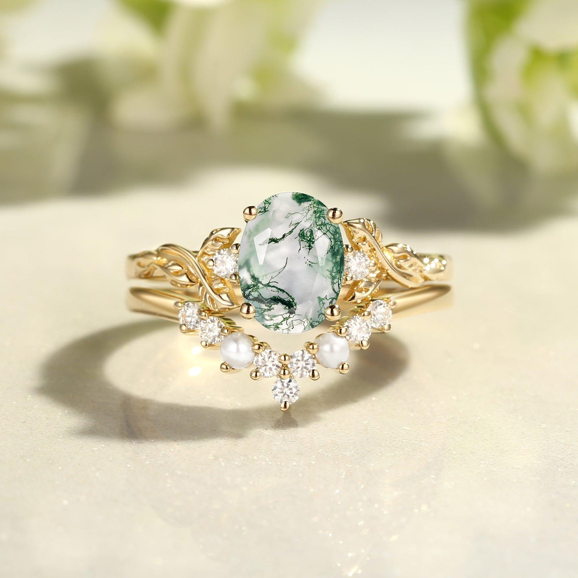 Clover Oval Cut Moss Agate & Pearl Leafy Gold Ring Set 2pcs.