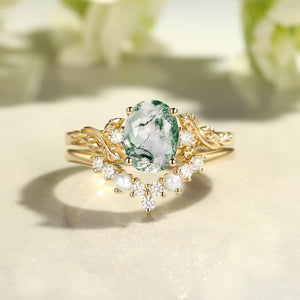Clover Oval Cut Moss Agate & Pearl Leafy Gold Ring Set 2pcs.