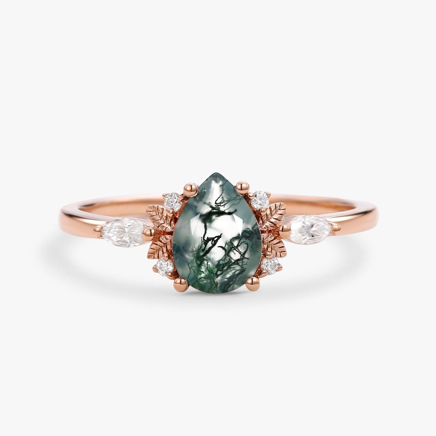 Susan Unique Leafy Pear Shaped Moss Agate Engagement Fairy Ring.