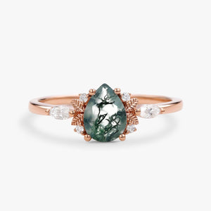 Susan Unique Leafy Pear Shaped Moss Agate Engagement Fairy Ring.