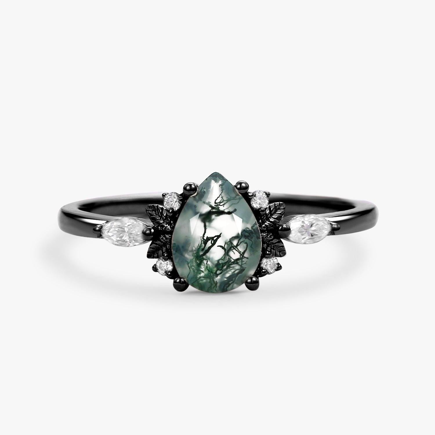 Susan Unique Leafy Pear Shaped Moss Agate Engagement Fairy Ring.